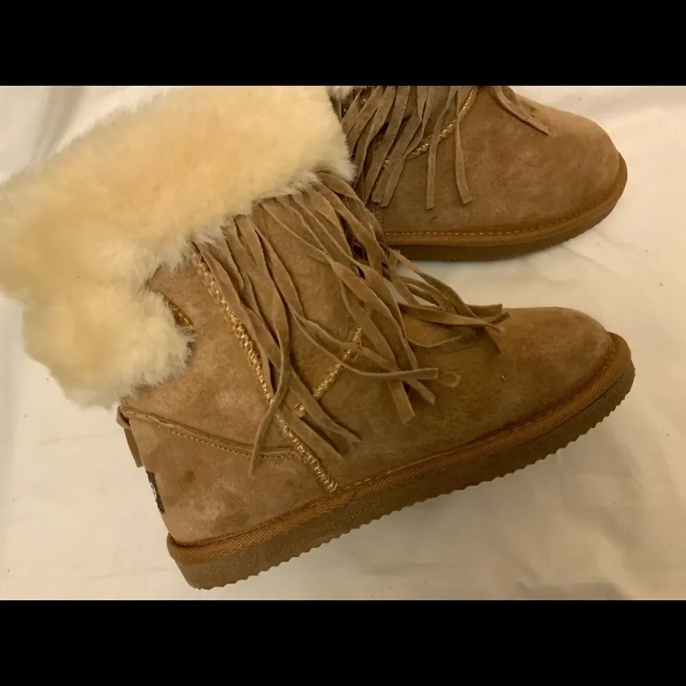 LAM Girls Brown Boots Frill Tassels Faux Fur Size 2 Y Suede Leather Booties